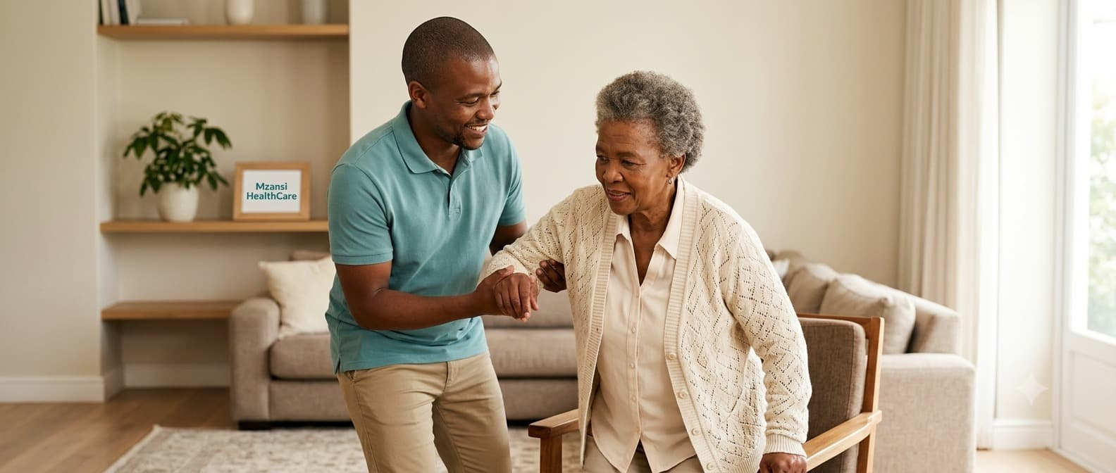 A Mzansi HealthCare caregiver assisting an elderly patient with a mobility exercise