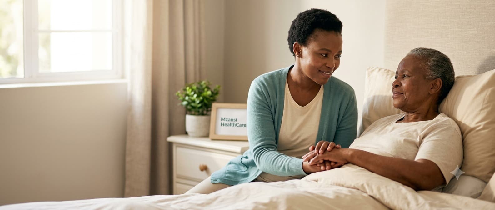 A caregiver holding the hand of an elderly patient at her bedside