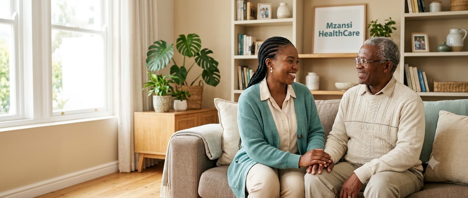 A Mzansi HealthCare caregiver sitting with an elderly patient in a warm living room