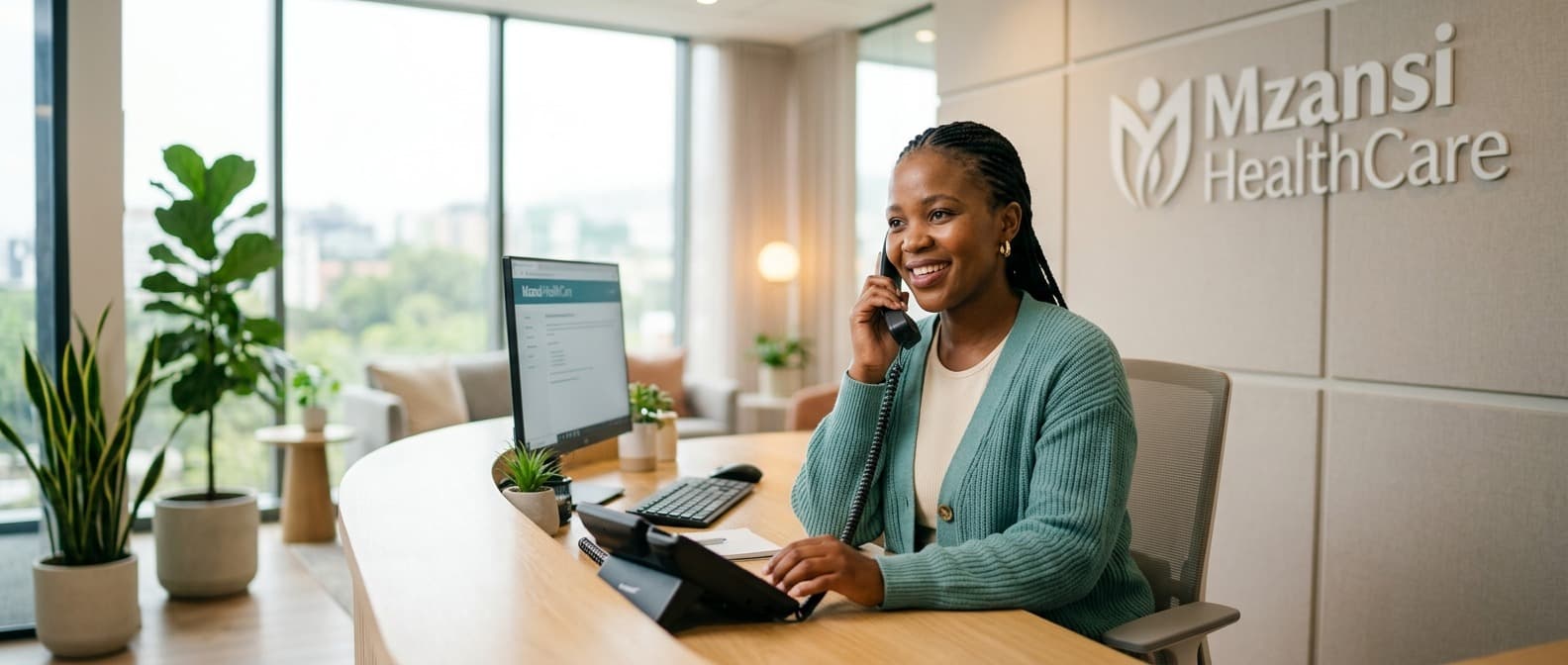 A smiling Mzansi HealthCare receptionist answering a phone call at the front desk